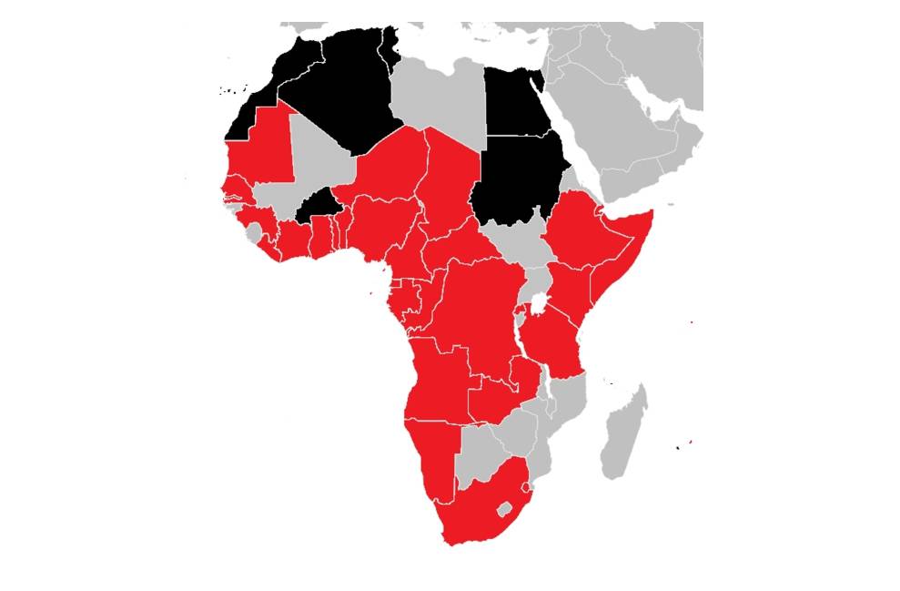 L'expansion de la pandémie du coronavirus en Afrique, à la date du 20 mars 2020 (en noir les pays où au moins un décès a été confirmé, en rouge les pays où l'on recense au moins un cas avéré) - © MehdiBitw98 L'expansion de la pandémie du coronavirus en Afrique, à la date du 20 mars 2020 (en noir les pays où au moins un décès a été confirmé, en rouge les pays où l'on recense au moins un cas avéré) - © MehdiBitw98