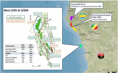 Cartographie des blocs offshore 3/05 et 3/05A en Angola, o&ugrave; op&egrave;re Maurel & Prom - &copy;Maurel&Prom