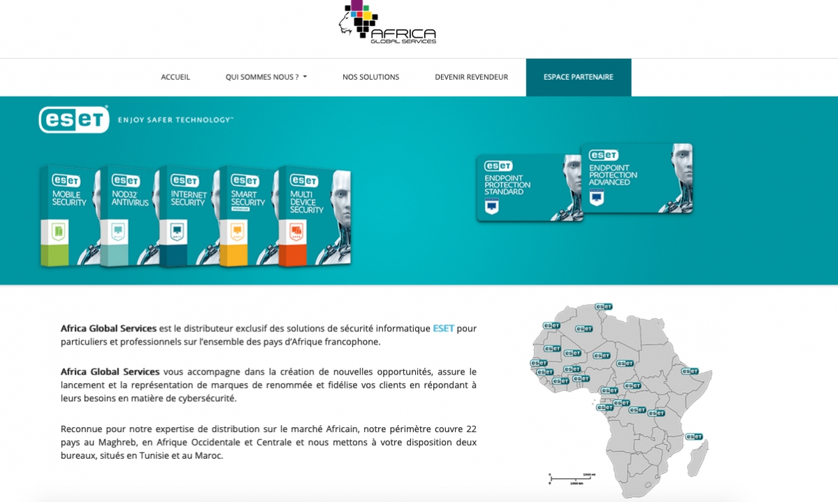 Distributeur exclusif des solutions de s&eacute;curit&eacute; informatique ESET pour particuliers et professionnels en Afrique francophone, Africa Global Services, filiale de l'ESN francilienne Athena Global Services, couvre 22 pays sur le continent. - &copy;&nbsp;Africa Global Services